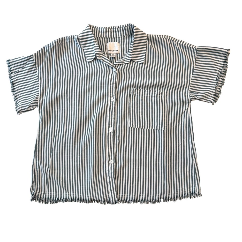 Industry Women Green White Striped Frayed Hem Short Sleeve Button Down Shirt M